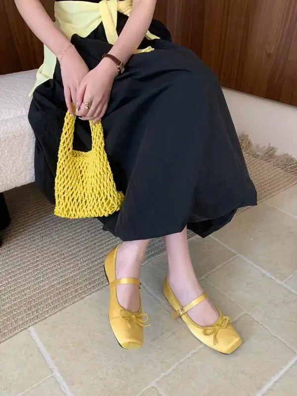Woman Shallow Mouth Grandma Shoes Female Footwear Soft Bowknot Square Toe Ballet Dress Butterfly New