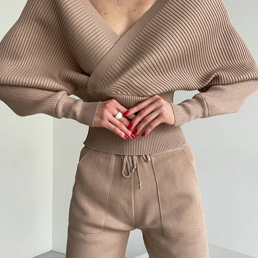 Knit Vneck Pullover 2 Pieceset for Patchwork Sweater and High Waist Drawstring Pants Sets Outfits