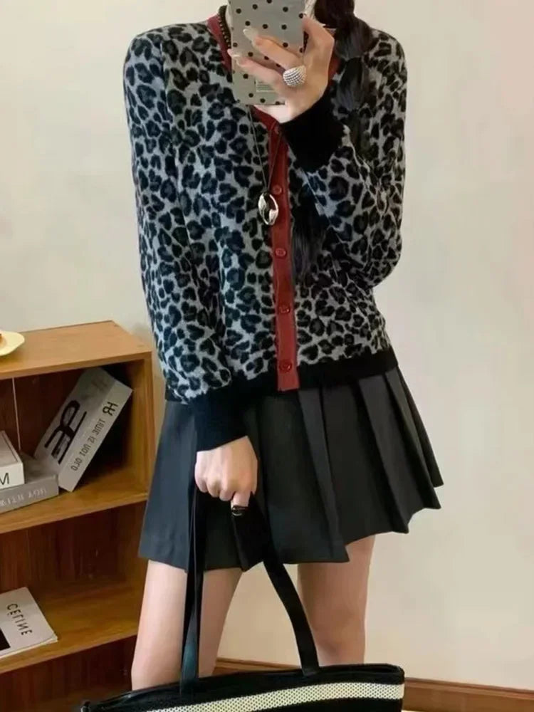 Knitted Sweaters for Long Sleeve Jumpers New Autumn Winter Leopard Loose Single Breasted Cardigan