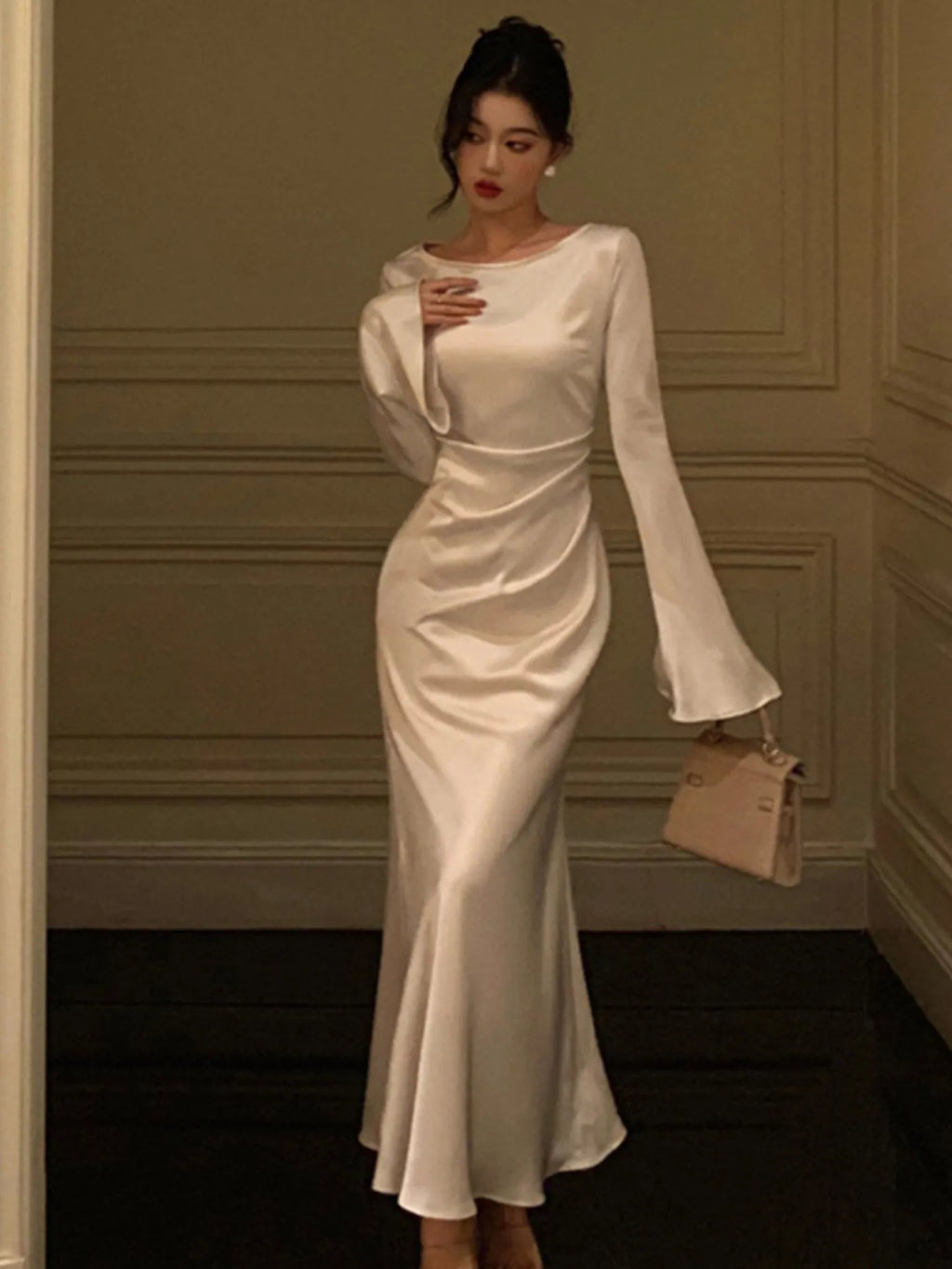 Flare Sleeve Wedding Mermaid Long Dress Spring Autumn French Slim One Piece Party Robe Mujers Clothes