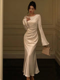 Flare Sleeve Wedding Mermaid Long Dress Spring Autumn French Slim One Piece Party Robe Mujers Clothes