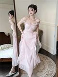 Summer Sweet Pink Fairy Chiffon Midi Dress Korean Onepiece Aline Vestidos Female Clothing Mujers