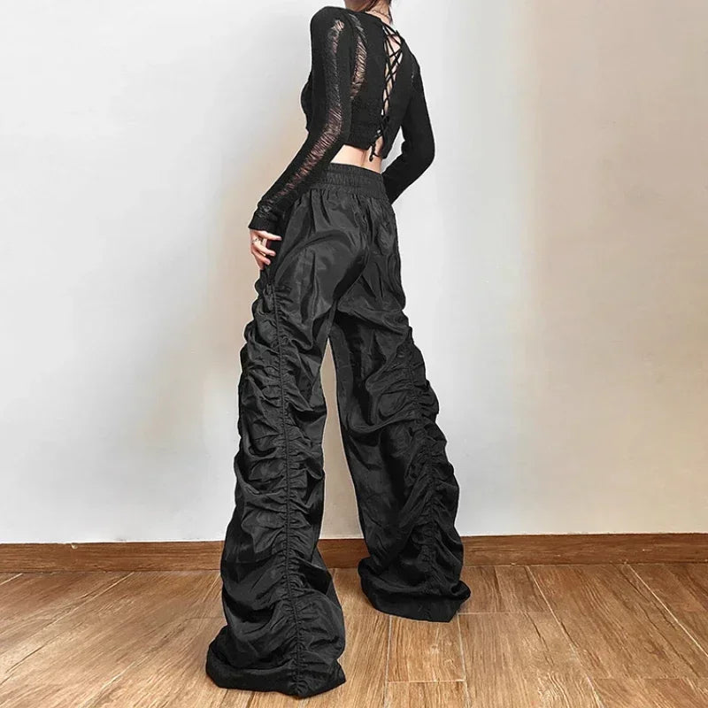 High Waist Drawstring Black Pants Spring New Pleated Loose All Match Wide Leg Pants