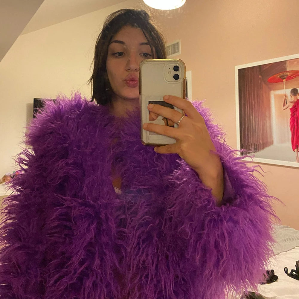 Candy Colorful Fuzzy Faux Fur Coat Winter Shaggy Oversized Fluffy Sheep Fur Jacket Festival Fur Coats