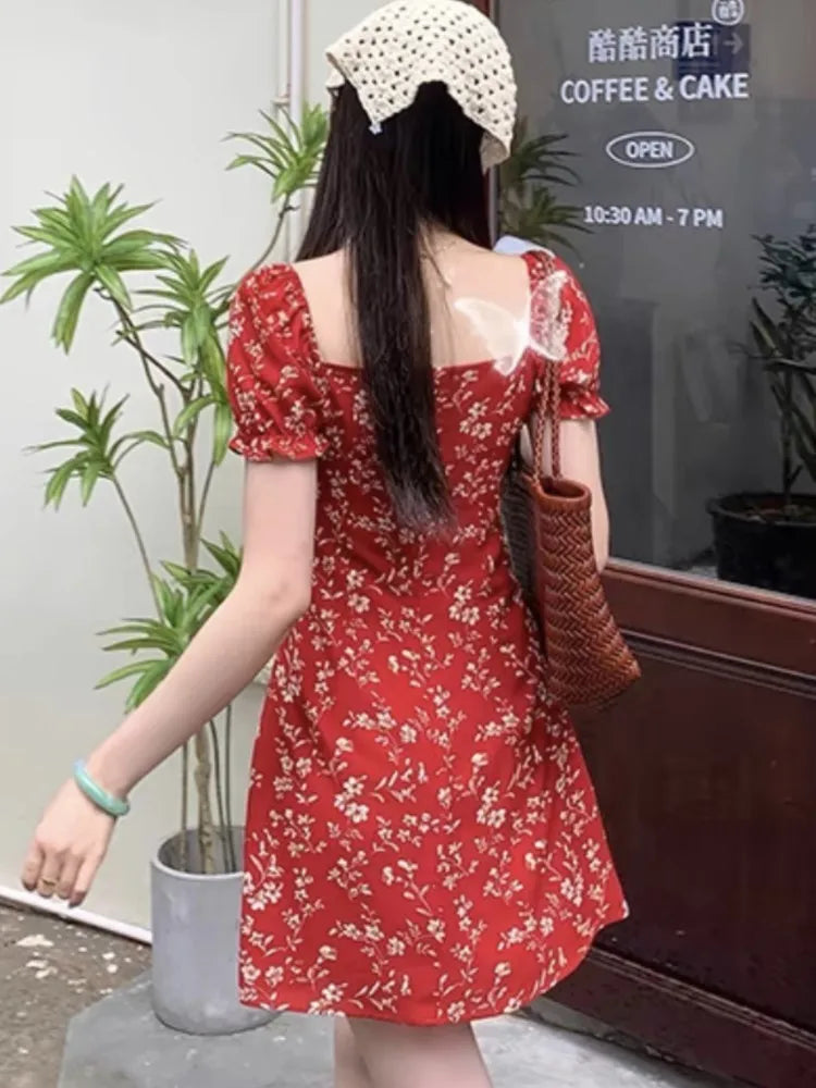 Summer New Printed Midi Dresses for Square Collar Puff Sleeve French Korean One Piece Vestido Mujer
