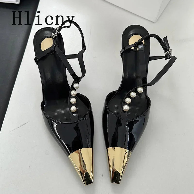 Metal Pointed Toe Stiletto Sandal Pearls Strap Buckle Designer High Heels Party Prom Shoes Summer Pumps