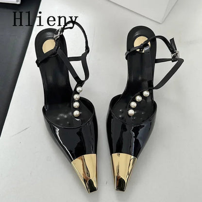 Metal Pointed Toe Stiletto Sandal Pearls Strap Buckle Designer High Heels Party Prom Shoes Summer Pumps