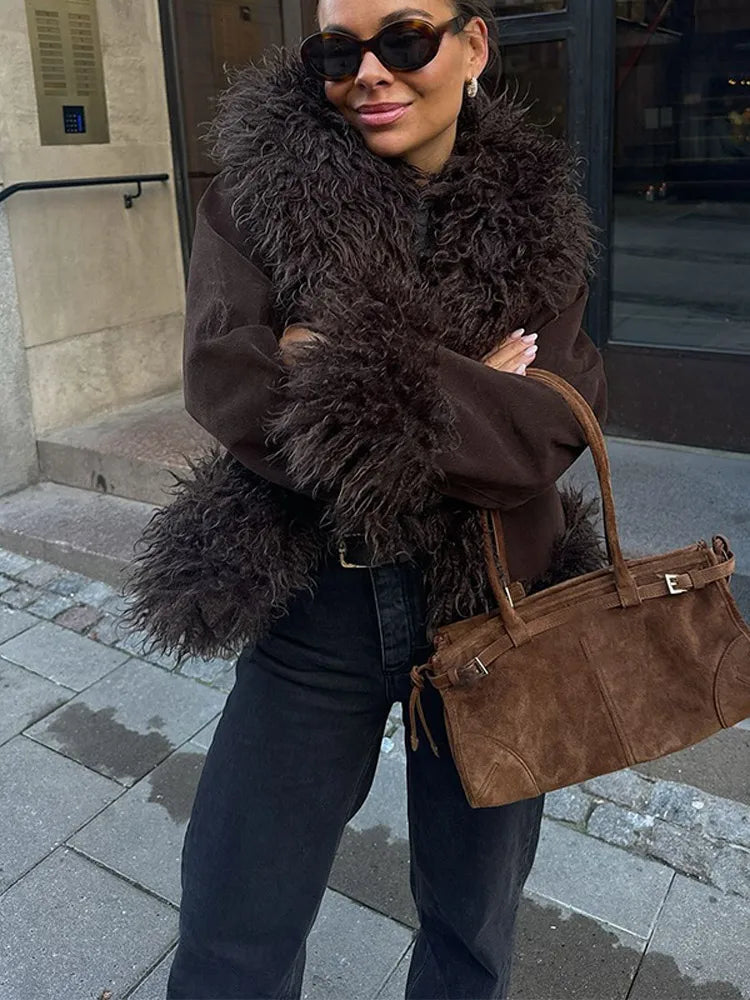 Coffee Fur Patchwork Cardigan Jacket for Long Sleeve Warm Loose Coats Lady High New