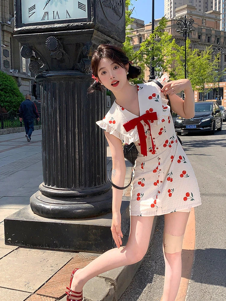 Summer Japanese Kawaii Party Dress Sweet Mini Dress Female Lace Korea Vneck Fairy Slim One Piece Dress