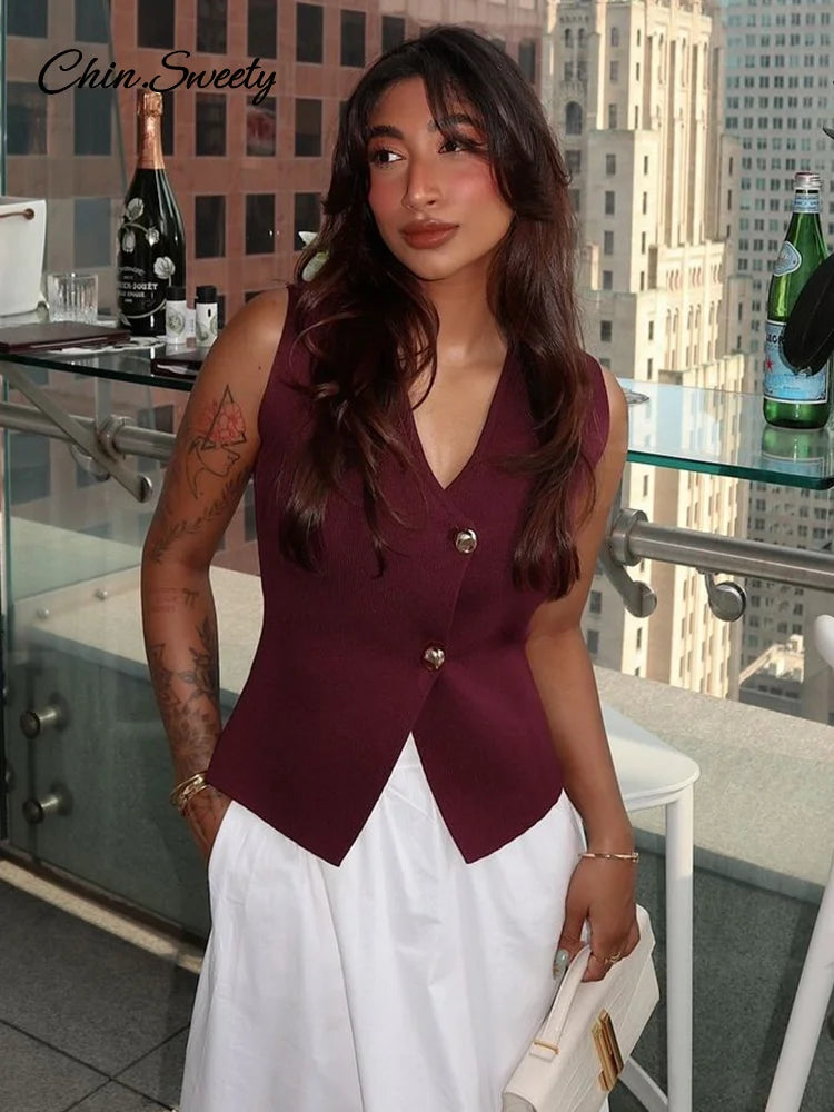 Single Breasted Knitted Vest Top Wine Red V-neck Sleeveless Sweater Tank Female Autumn Lady Knitwear New