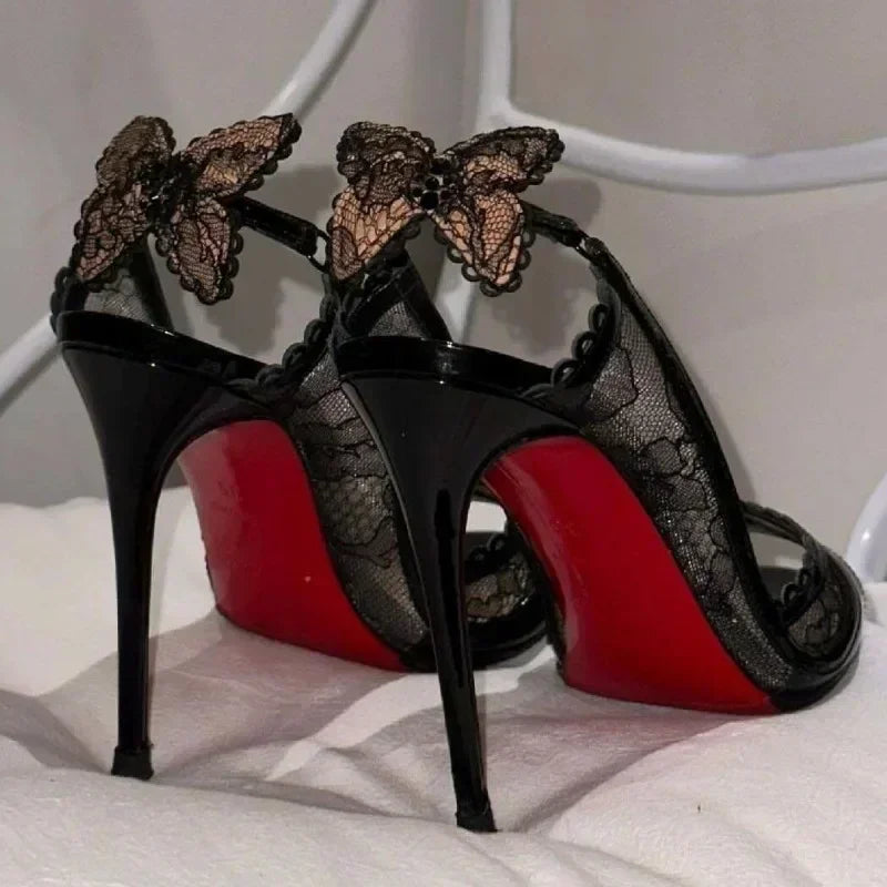 Cutout Lace Bowknot Pumps Summer Peep Toe Slingback Sandals Thin High Heels Black Patent Leather Party Wedding Shoes