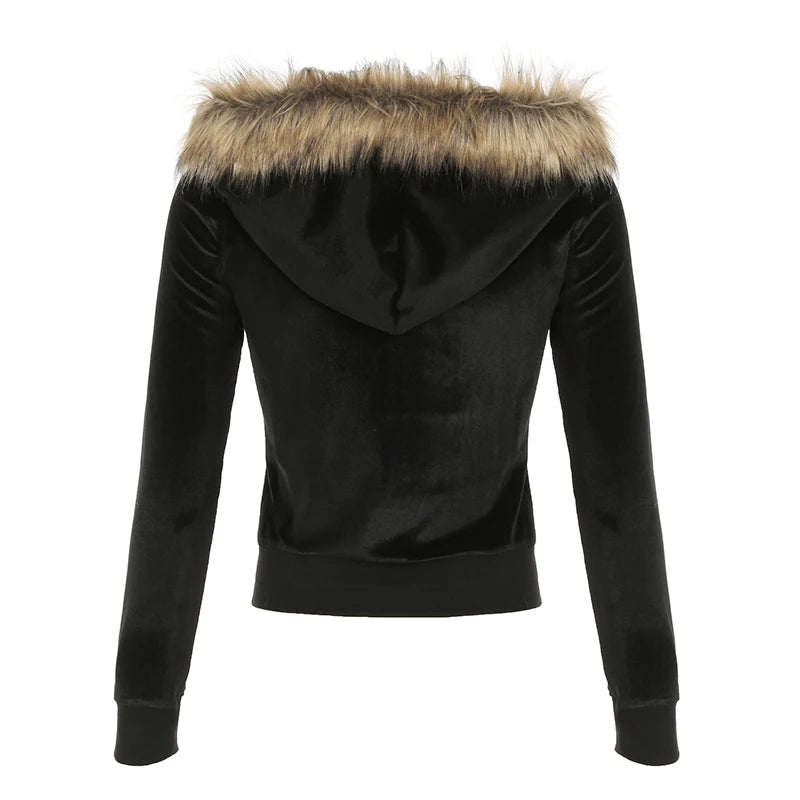 Black Velvet Faux Collar Hooded Sweats ��s Long Sleeve Causal Simple Hoodies Autumn High Clothes