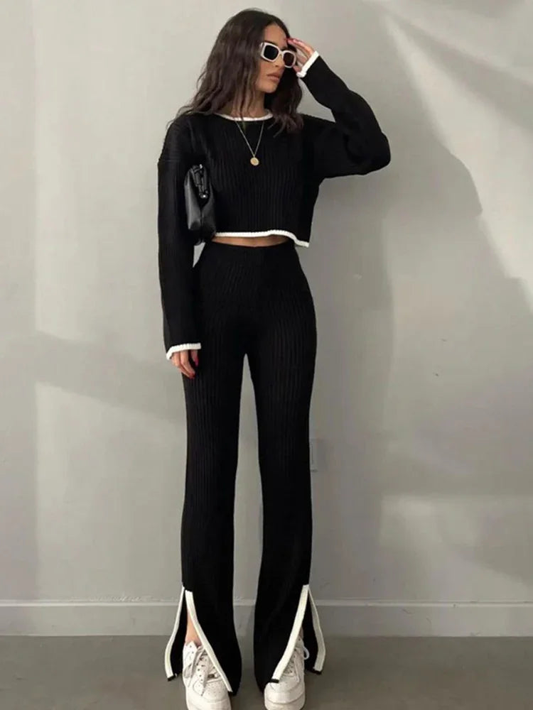 Black - Knitted Sweater Wide-leg Pants Two Piece Set