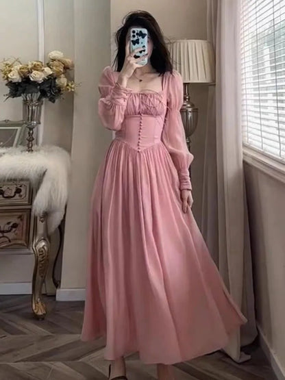 French Lantern Sleeve Lace Up Midi Dress Spring and Summer Square Neck Evening Party Prom Robe Dress