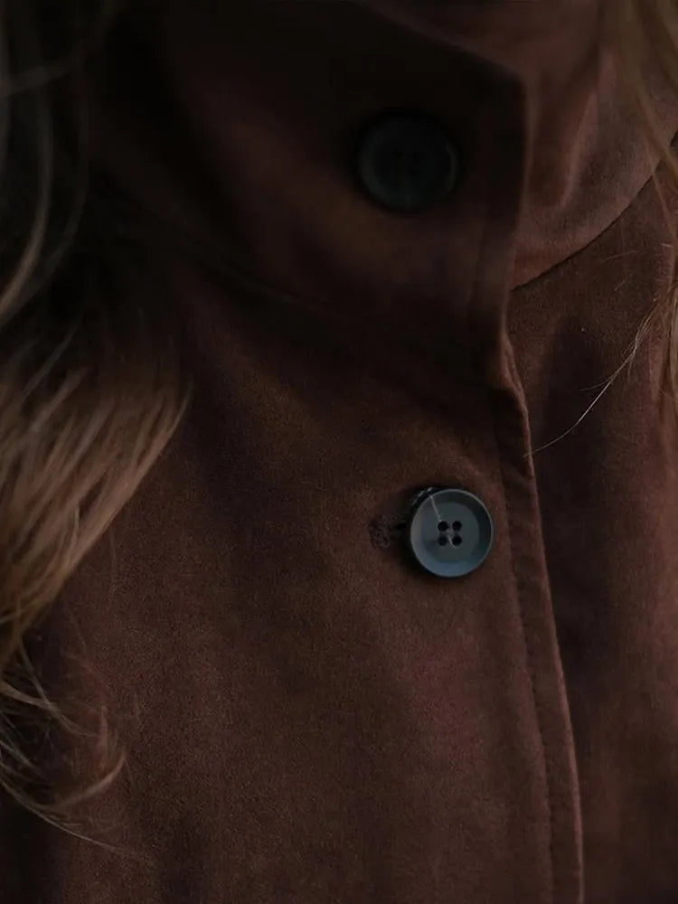 Retro Brown Suede Short Jacket Stand Collar Full Sleeves Single Breasteds Loose Coats Autumn Lady Street Wear
