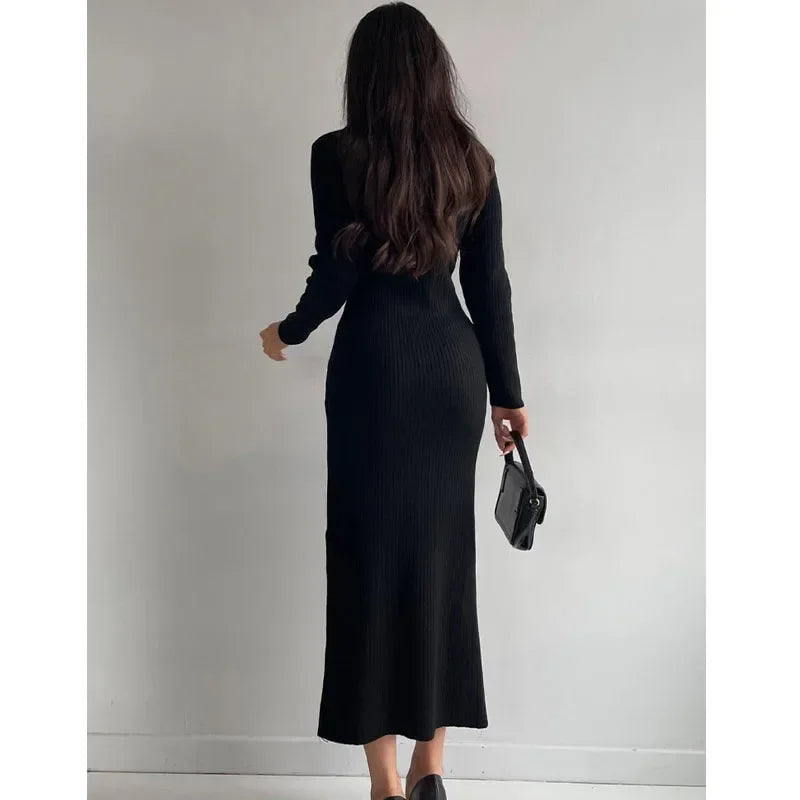 Kylethomasw Slim Fit Split Knit Dress Woman Winter Long Sleeve Sweater Dress Officelady Dress Robes