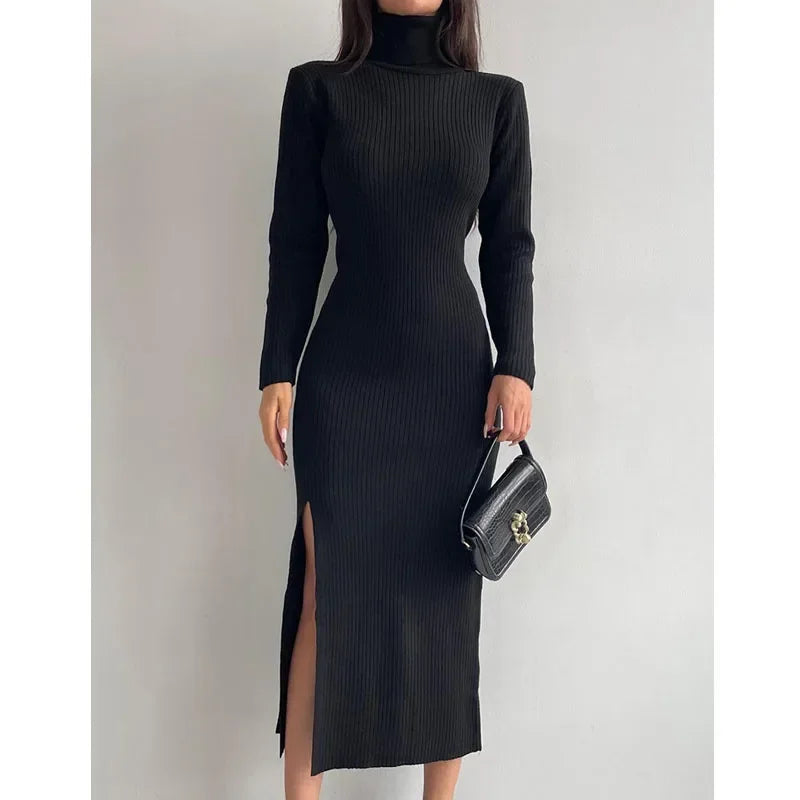 Kylethomasw Slim Fit Split Knit Dress Woman Winter Long Sleeve Sweater Dress Officelady Dress Robes
