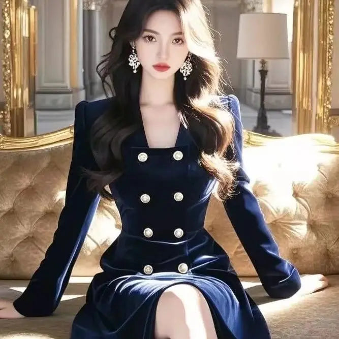 Autumn/winter New French Hepburn Style Blue Velvet Dress for Formal Occasions High End Waist Cinched Slim Maxi Dresses