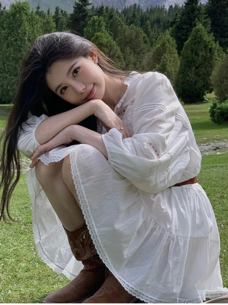 New Summer White Short Dresses for Lantern Sleeve With Belt Mini Dress French Style Shirt Vestidos