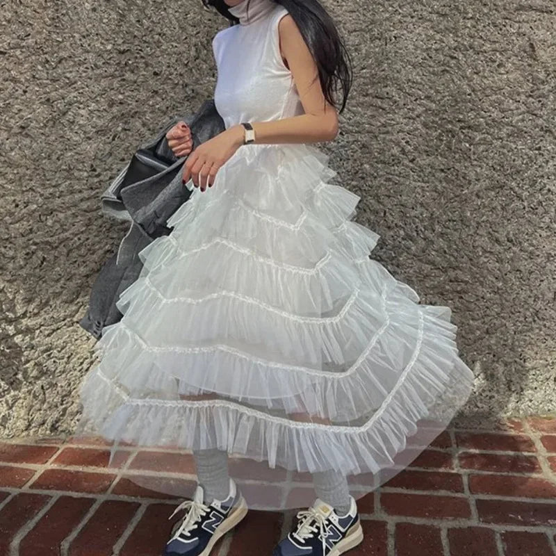 High Street Pleated Loose Midlength Skirt Summer New Korean Color All Match Mesh Aline Skirt