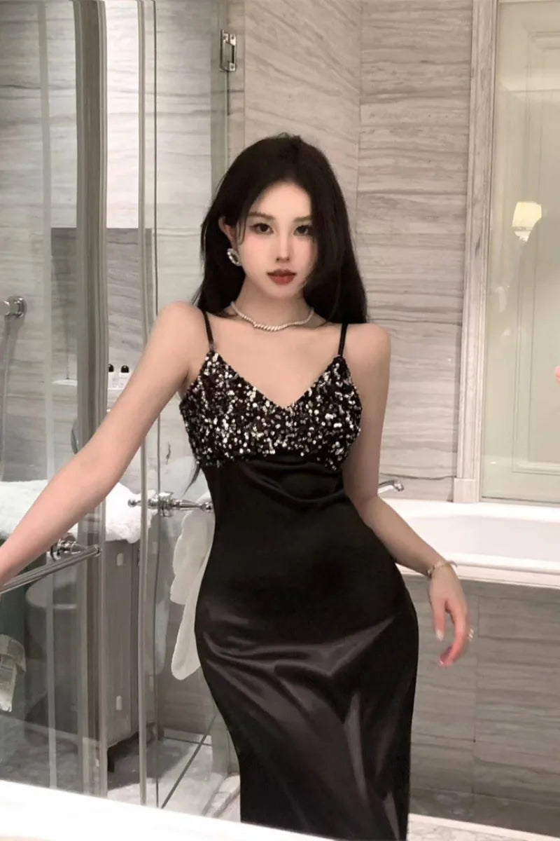 Brands Black Vneck Strap Dress New Summer Style Slim Fit Slim Long Dress Y2k