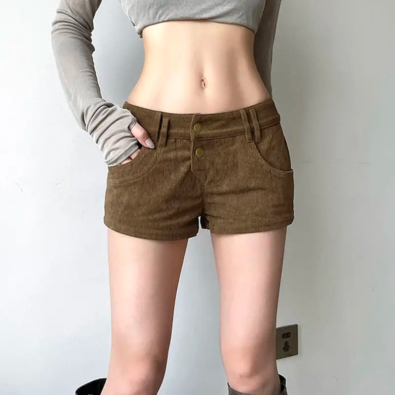 Autumn/winter Retro Furry Leopard Pattern Spliced Corduroy Shorts for Low Waist Slim Spicy Girl Pocket Hot Pants