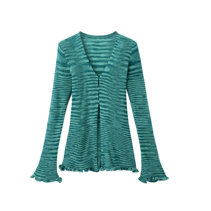 Y2k Orange Striped Suit Fungus Edge Longsleeved Knitted Cardigan Autumn Short Skirt 2piece Set