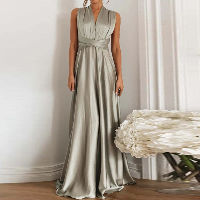 Off Shoulder High Waist Satin Long Dress Color V Neck Sleeveless Dress New Cross Backless Laceup Party Dress