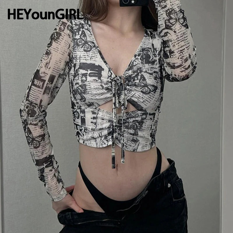 Grunge Mesh Butterfly Print Crop Top See Through Long Sleeve Hollow Out T-shirt Stylish Y2k Street Outfits