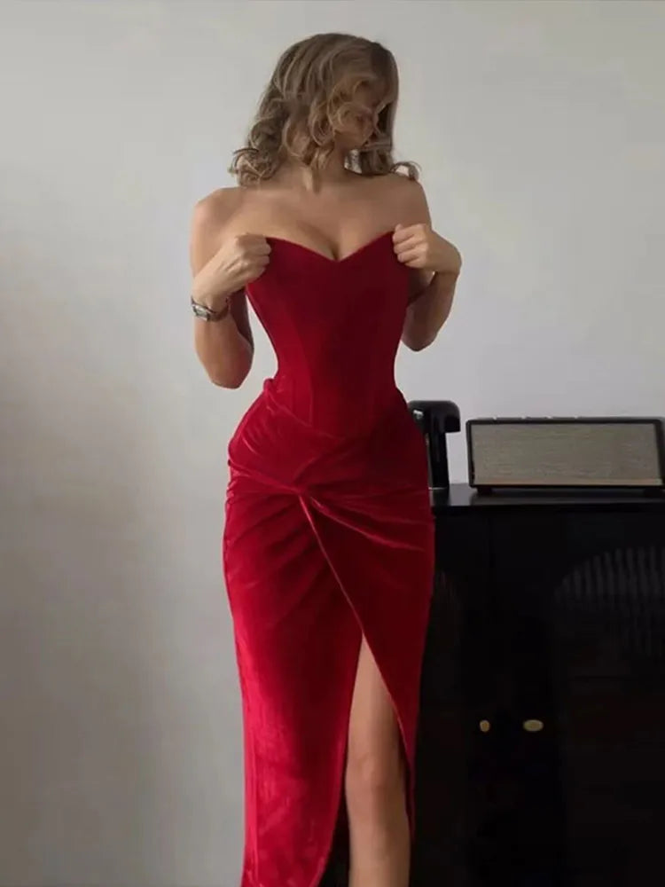 Velvet Tube Long Dresses Slim Knot Slit Evening Dress Female Spring Street Party Vestidos