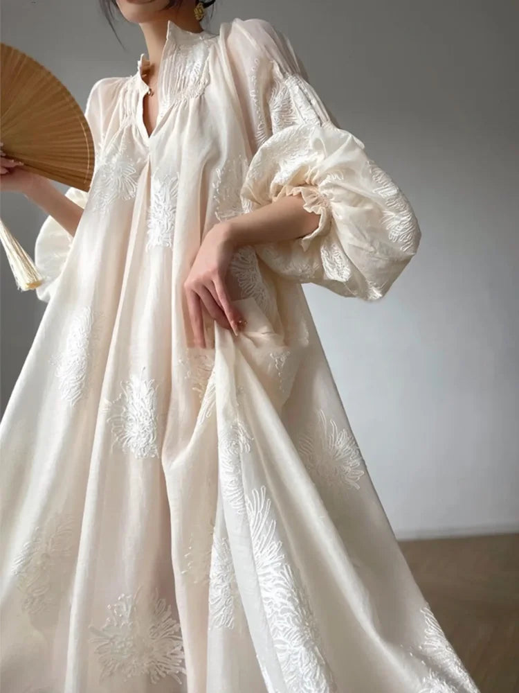 France Lantern Sleeve Embroidery Midi Dress for Spring Autumn New V Neck Lace Up Vestidos Korean Clothes