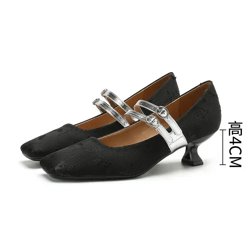 New Designer High Heels Silk Square Toe Dress Shoes Female Comfort Belt Buckle Low Heel Shoes