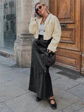 Black Pu High Waist Long Skirt for Patchwork Commute Slim Autumn Plaid Skirt Female Maxi Skirt
