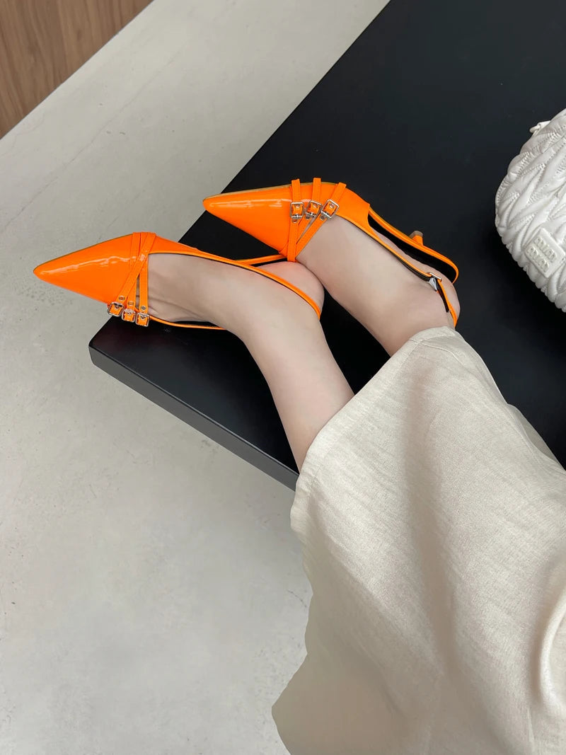 Orange Ladie Pumps Pink High Heels Pointed Toe Slingback Shoes Belt Buckle Low Heel Summer Office Shoes Blue
