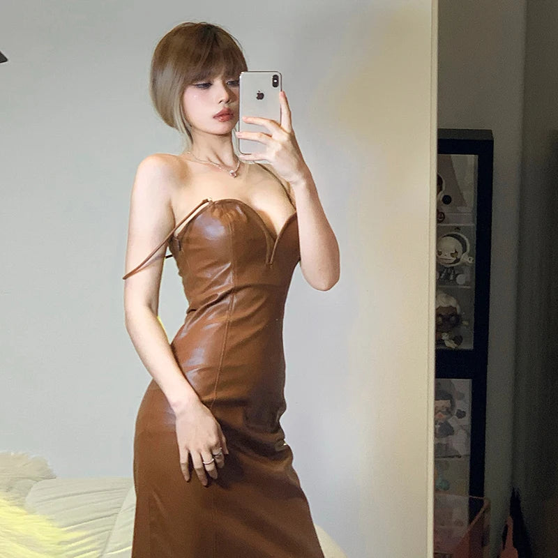 Sling Pu Faux Leather Slit Fit Long Dress Y2k Party Club Vacation Birthday Summer Clothing