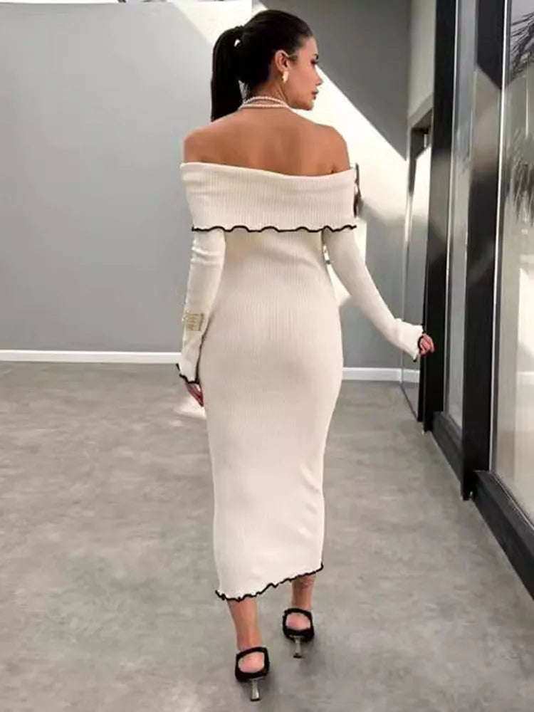 Fall Winter One-shoulder Long Knit Dress Slim Fungus Splice Contrast Color Sweater Female Club Party Dresses