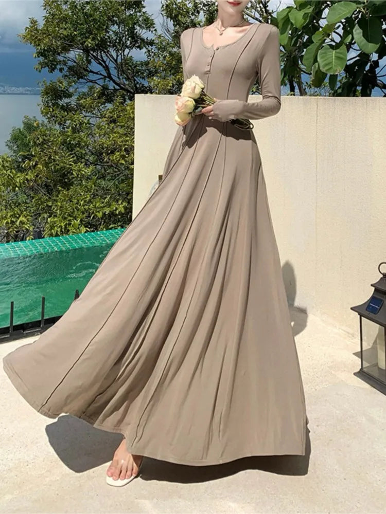Knitted Dresses for Long Sleeves Square Collar A-line Autumn Maxi Dress Korean Vestidos Mujer New