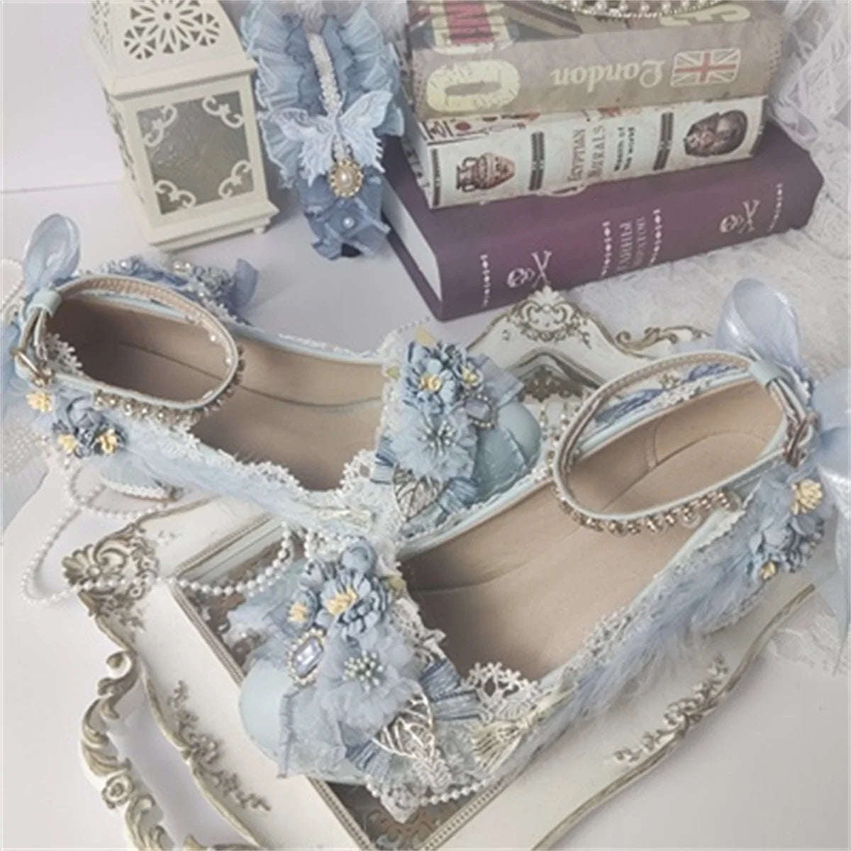 Sweet Lolita Retro Court Style Cosplay Loli Flower Wedding Gem Flower Ribbon Plush Bow 68 Cm High Heel Shoes