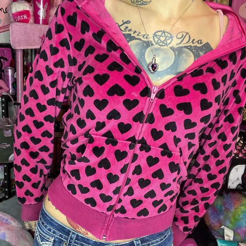 Y2k Heart Print Velvet Jacket With Hooded Pink Sweet Style Autumn Pocket Zipper Coat Retro Slim Outwear Winter