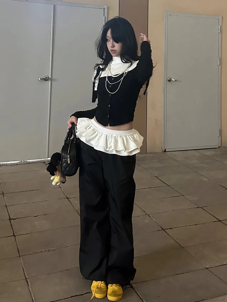 Ballet Skirt Patchwork Straight Pants High Street Design Elastic High Waist Sweatpants Korean Style Loose Trousers