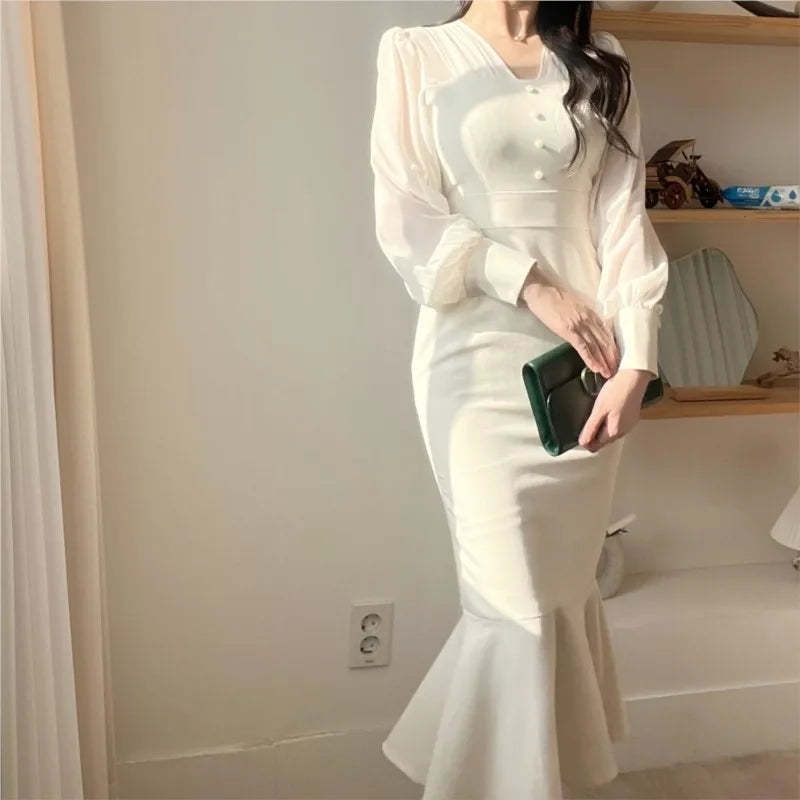 Korean Bodycon Midi Dresses for Mesh Patchwork Long Sleeve Fishtail Office Lady Mermaid Party Dress Slim Mermaid