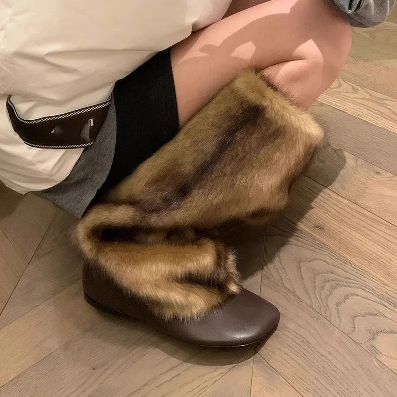 Hairy High Top Long Boots for in Winter Fashionable and Versatile, Knee Length, Low Heel, Warm Cotton Shoes, Snow Boots