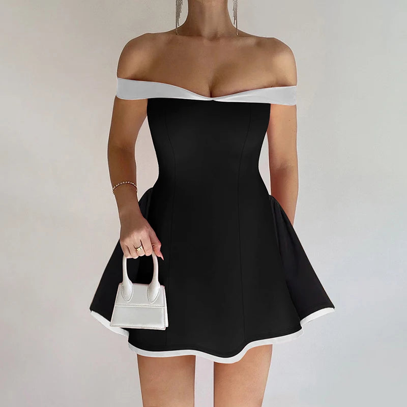 Tube Top Gown Dress for Slim Contrast Color Mini Dresses Backless One-shoulder Clothes Female