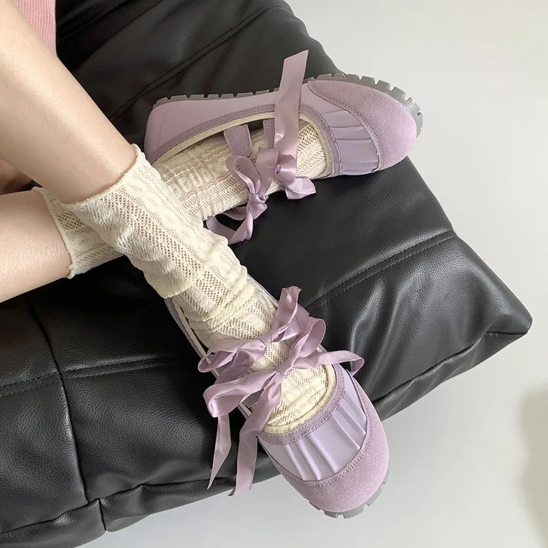 Round Toe Bow Flats Loafers Outdoor Slip on Soft Bottom Mary Jane Shoes Ballerina Shoes