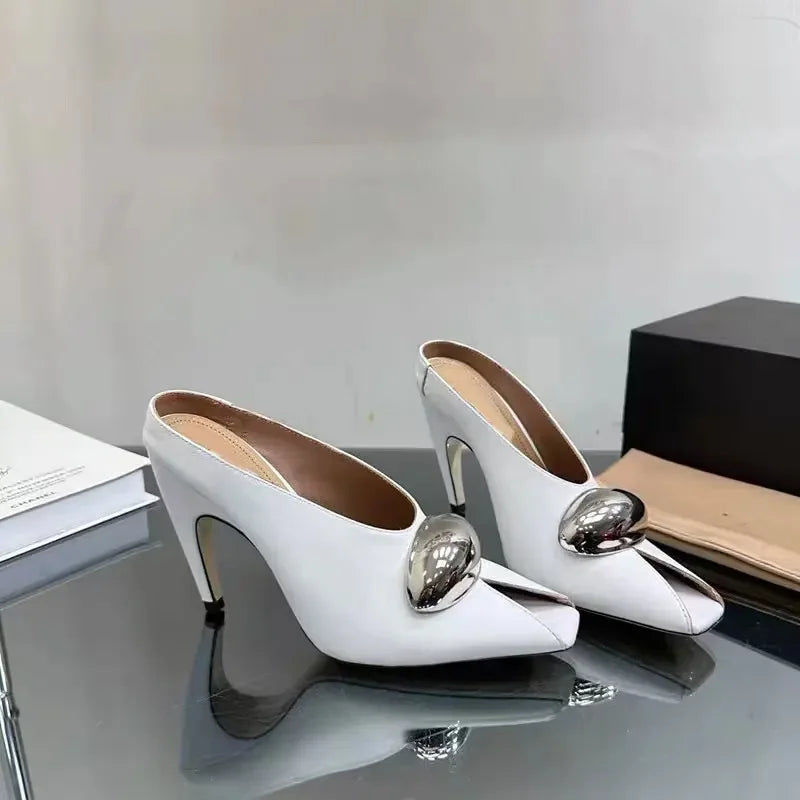 European and American Metal Buckle Slim High Heel Muller Fish Mouth Sandals Pointed Nightclub Runway Shoes