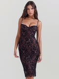 Lace Print Spaghetti Strap Midi Dress for Black Sleeveless Backless Bodycon Club Party Printed Long Dress