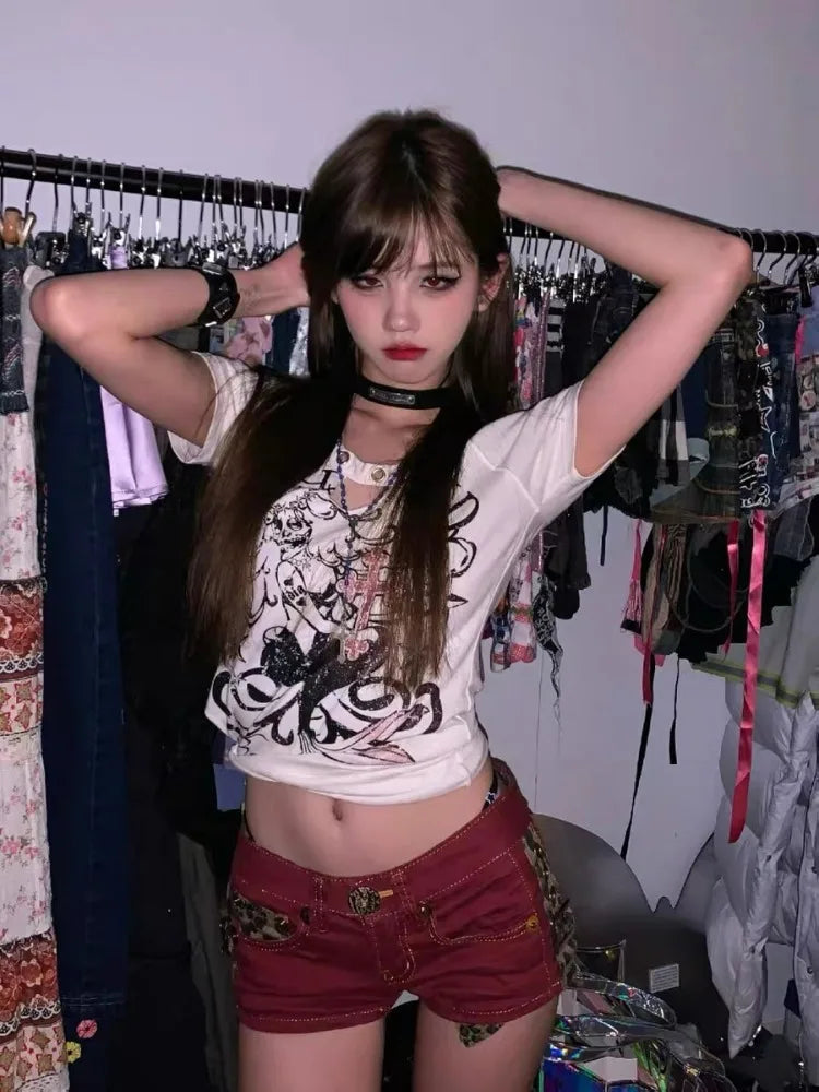 Summer Woman Gyaru Hot Kpop Pants Clubwear Jean Hot Shorts Denim Sweet Shorts Pockets Zipper Low Waist Patchwork