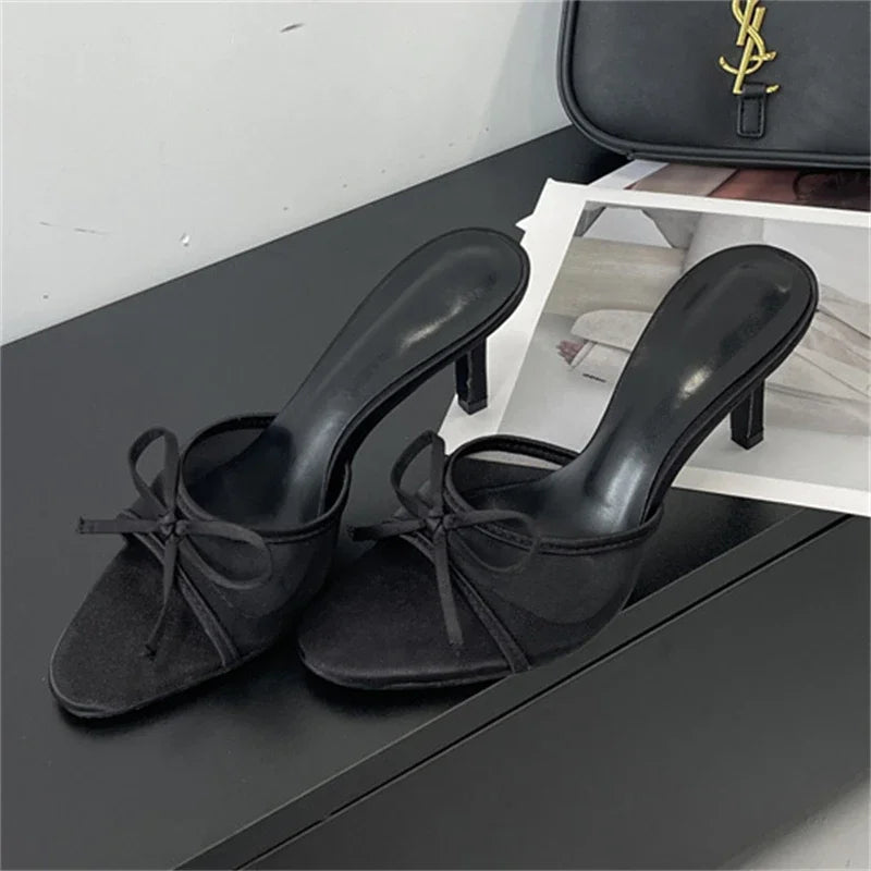 Summer Butterflyknot Breathable Holes Mesh Open Toe Woman Slippers Thin High Heels Party Dress Shoes