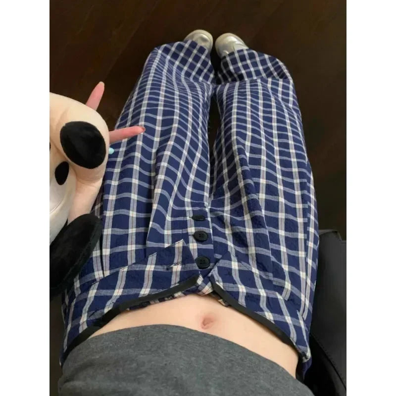 Multibutton Loose Pants Summer New Korean Contrast Color Plaid All Match Wide Leg Pants