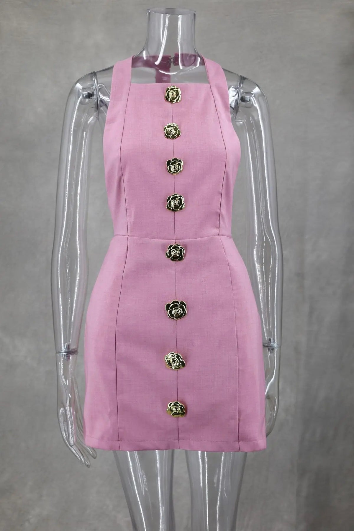 Pink Halter Hallow Out Backless Mini Dress New Sleeveless Slim Gold Button Dresses Lady Party Vestidos